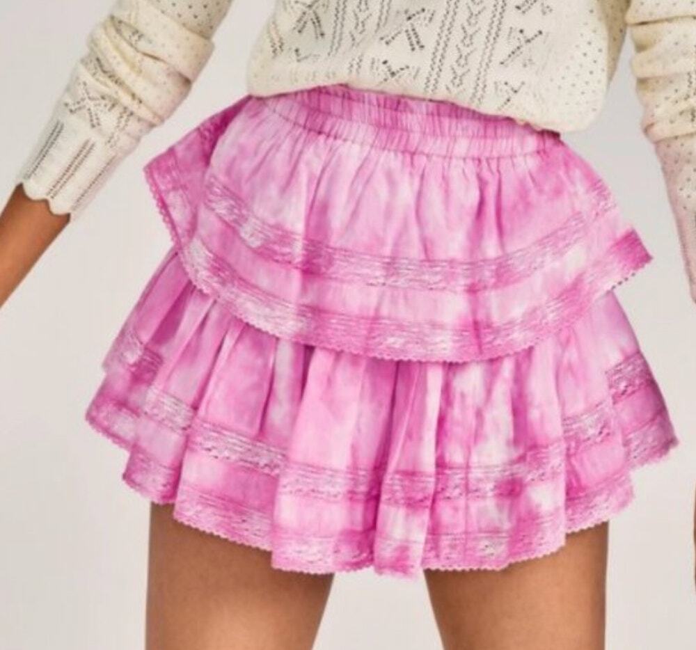LoveShackFancy Ruffle Cotton Mini Skirt Tie Dye Pink XS